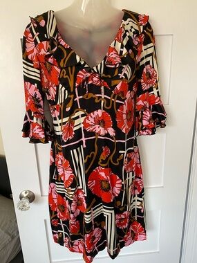 Trina Turk Silk Dress Floral Frill Neck Size 4